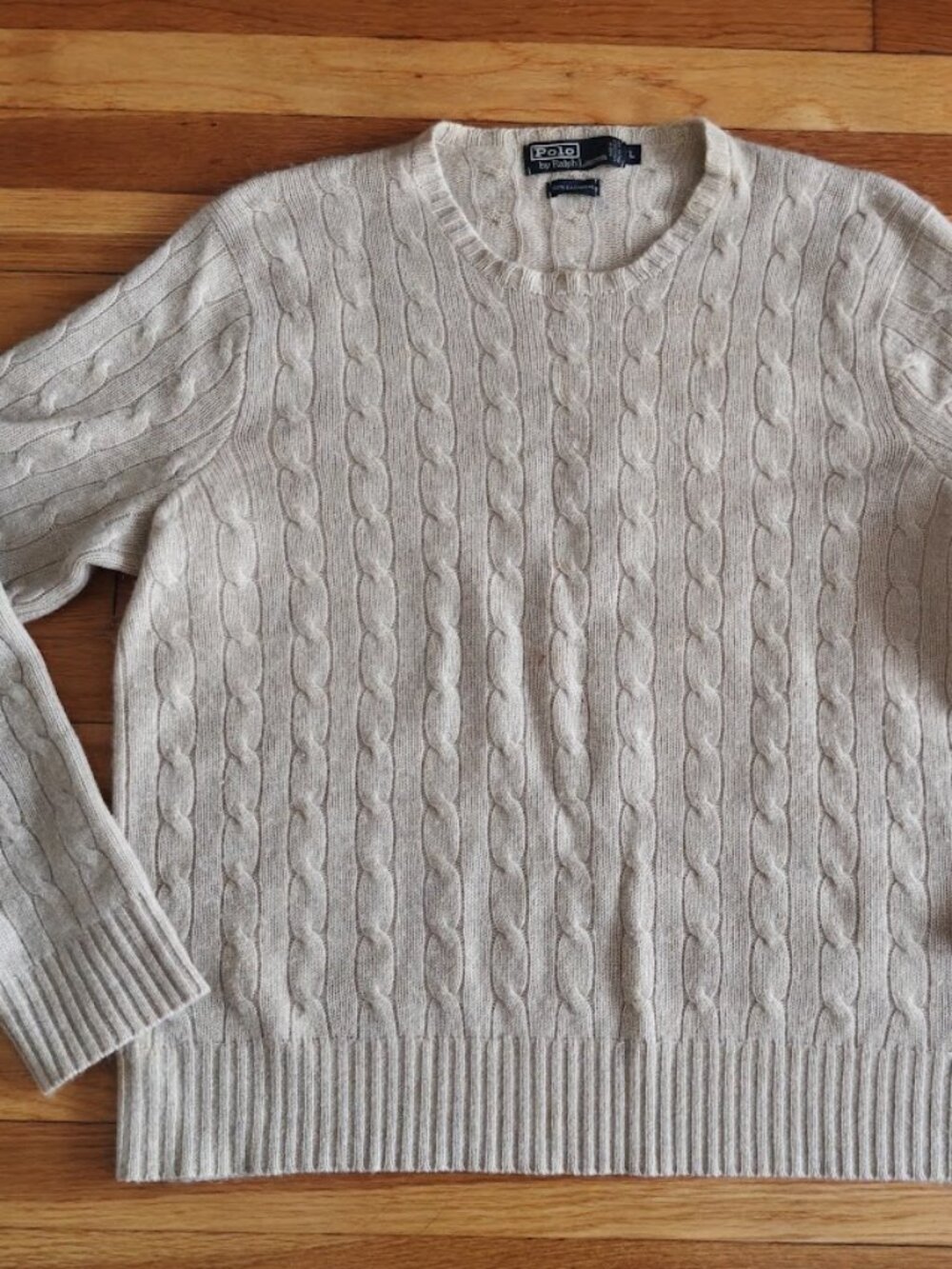 Vintage Men's Polo Ralph Lauren 100% Cashmere Cable Knit Beige Sweater size L